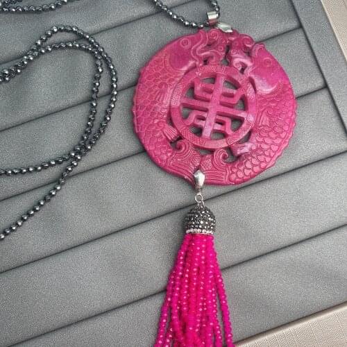 2021 Classic Sculpture Rose Pink Jade Chinese Ancient Vintage Red Semi Precious Onyx Beads Stone Tassel Pendant Necklace Gift