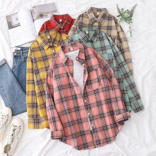 2021 Ladies Plaid Shirt Fashion Chic Plaid Long Sleeve Womens Casual Printed Shirt Spring and Autumn Loose Cotton Top Blusas