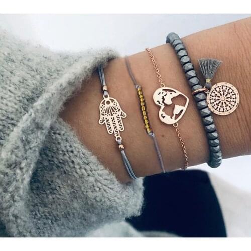 4 Pcs/Set Bohemian Fatima Hand Beads Chain Tassel Bracelets for Women Hollow World Map Heart Gold Charm Bracelets Set Jewelry