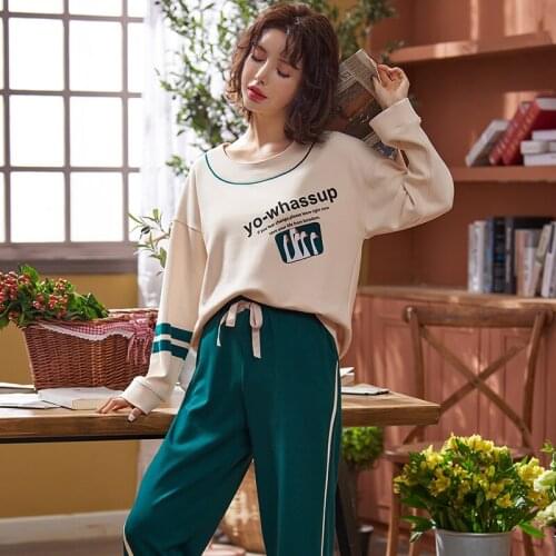 6535 Cotton Pullover Long Sleeve Trousers Pajama Jammies Autumn Winter Girl Lady Womens Casual Sleepwear Nightwear Pyjamas NLZM
