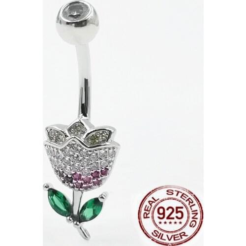925 sterling silver Belly Button Rings Rose flower shape CZ Navel Rings Belly Piercing jewelry for Women