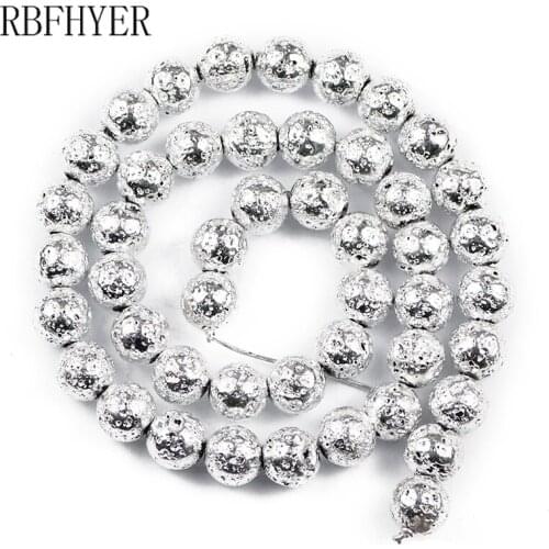 RBFHYER Bright silvers Lava volcanics Natural Stone4/6/8/10/12MM charm Round Spacers Loose beads for Jewelry making necklace DIY