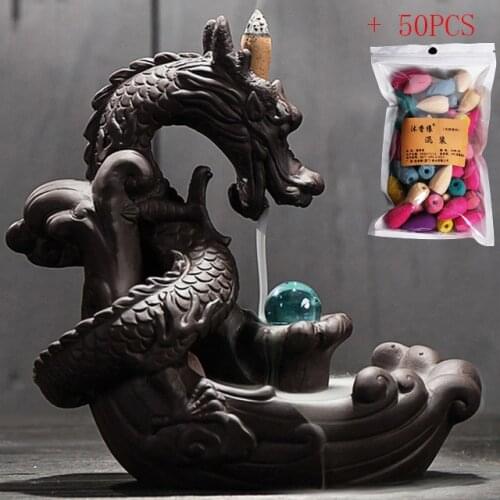 50Cones Chinese Dragon Incense Burner Ceramic Waterfall LED Light Incense Cones Holder Aroma Censer With Acrylic Windproof Cover