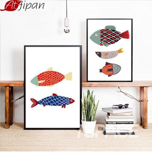 Atfipan Framed Minimalist Cartoon Fish Wall Art Print Canvas Painting Watercolor Wall Pictures Living Room Decoration