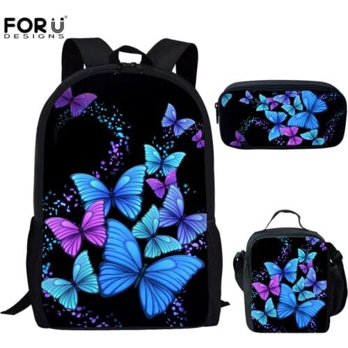 FORUDESIGNS Unique Butterfly Print School Bag Set for Teen Girls Preppy Style Student Kids Bookbags Primary Children Schoolbags