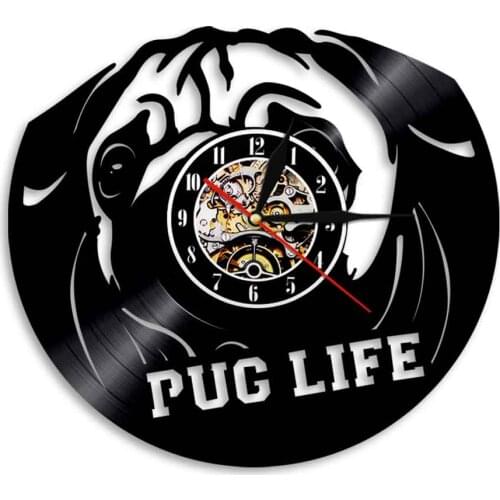 Pug Puppy Dog English Bulldog Vinyl Record Wall Clock Pet Store Decor Animal Creative Wall Watch Home Decoration Dog Lover Gift