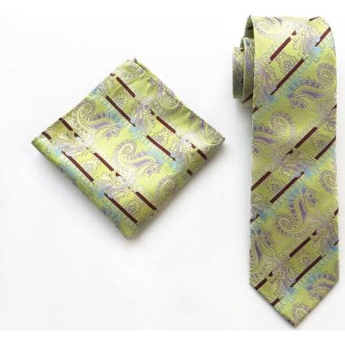 New Design Men Ties Set Green Striped Necktie with Luxury Paisley Pocket Square