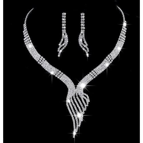 Luxury Female White Crystal Wedding Jewelry Set Charm Silver Color Dangle Earrings For Women Cute Bridal Geometry Chain Necklace