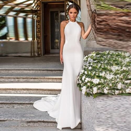 High Neck Sexy Backless Mermaid Wedding Dresses Floor Length Satin Bridal Gowns Vestido De Noiva Sereia