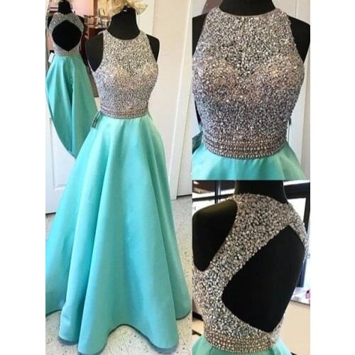 Sexy Open Back Turquoise Crop Top Prom Dresses Long Heavily Beaded Bodice Girls Sparkly Satin Evening Gowns Fast Shipping