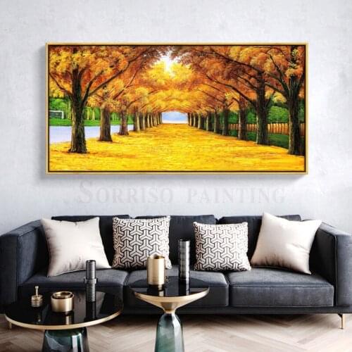 Modern Golden Tree Road Canvas Oil Painting Nordic Dining Wall Art Posters Pictures For Living Room Home Bedroom Decor Prints