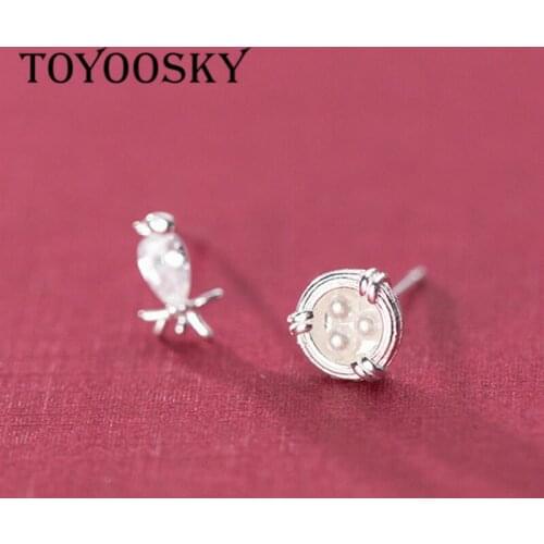 TOYOOSKY New 925 Sterling Silver Clear CZ Lovely Birds Pearl Woven Nest Asymmetry Stud Earring for Women Korea Style Fine Jewlry