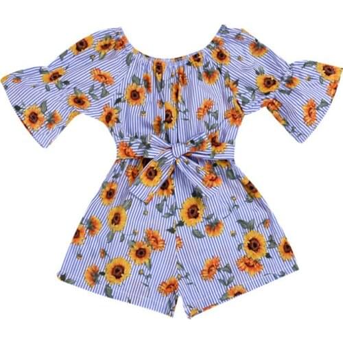 Explosive Summer Sunflower Blue Striped Print Cute Girls Jumpsuit Baby Dress Bowknot Puff Sleeve Jumpsuit