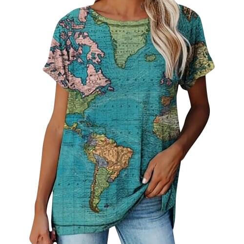 Womens Fashion O-Neck Casual Short Sleeve Map Printing Tops Blouse