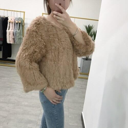 AU418 New Arrival Shot Style Women Light Camel Real Thick Knit Rabbit Fur Jacket