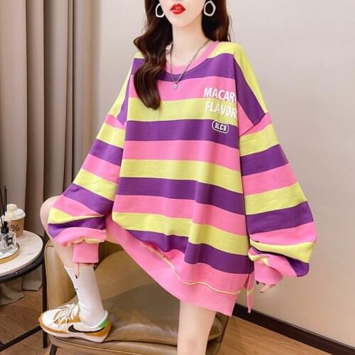 Autumn Oversized Striped Sweatshirt Female Letter Print O Neck Hoodies Women Korean Style Long Sleeve Patchwork Plus Size Tops