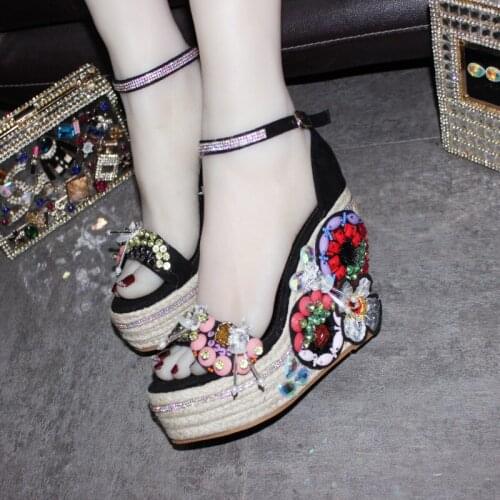 Sandalias Mujer 2019 Stylish Magic Show Sandals Women Colors Crystal Studded Rhinestone Sandals 10cm High Wedges Shoes For Women