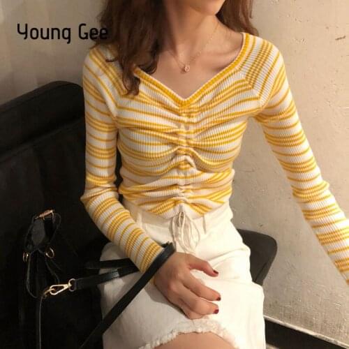 Young Gee Sweater Women Striped Jumpers Autumn Drawstring Pullovers Sexy V Neck Tops Long Sleeve Casual Knitted Sweaters Shirt