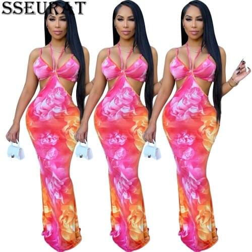 SSEURAT Women Long Dress Print Sleeveless Halter Backless Stretchy Skinny Dresses Sexy Fashion Party Vestidos Summer
