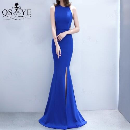 Royal Blue Simple Evening Dress Stretch Long Party Gown Halter Neck Formal Gown Hollow out Waist Slit Women Prom Gown Sleeveless