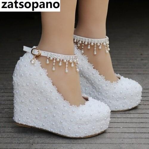 2021 New White Wedges Wedding Pumps Sweet White Flower Lace Pearl Platform Pump Shoes Bride Dress High Heels Size 33-42