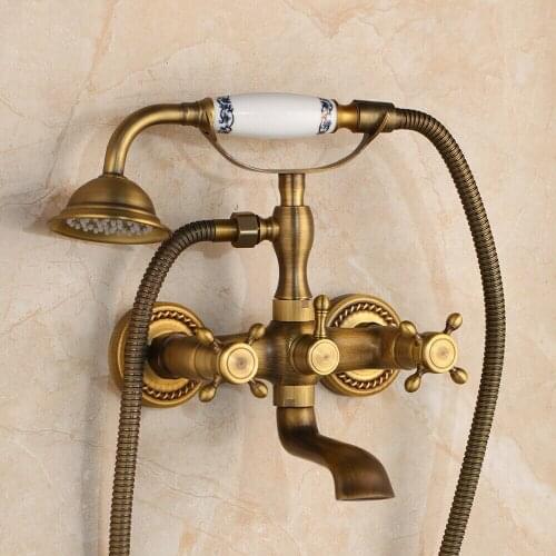 Antique Brass Bathtub Faucet Dual Handle Handheld Bath Shower Mixer Tap Wall Mounted Tub Sink Mixer Faucet