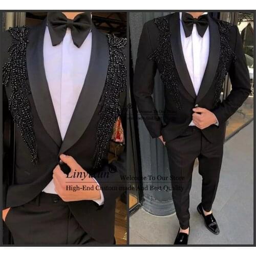 New Fashion Luxury Beading Men Suits Prom Party Blazer Costume Homme Terno Masculino Groom Wear Wedding 2 Pcs(Jacket+Pant)