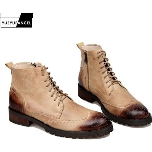 New Winter England Style Genuine Leather Boots Men Lace Up Warm Round Toe Military Boots High Quality Man Casual Shoes