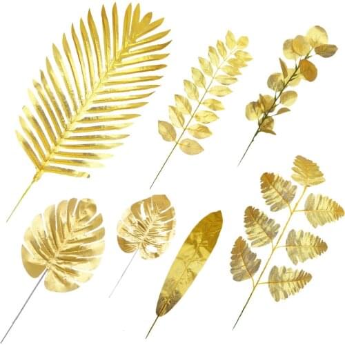 5Pcs Gold Artificial Plants Tropical Monstera Palm Leaves Simulation Leaf For Hawaiian Theme Party Decor Home Garden Fake Leaves