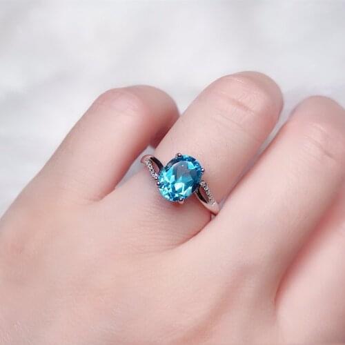 Natural Blue Topaz Ring S925 Silver Seiko Inlaid Main Stone 7*9mm Female Jewelry