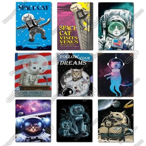 Cat Space Astronaut Metal Tin Sign-Follow Your Dreams-Retro Metal Tin Sign Family Bar Cafe Club Hotel Wall Plaque Poster Decor