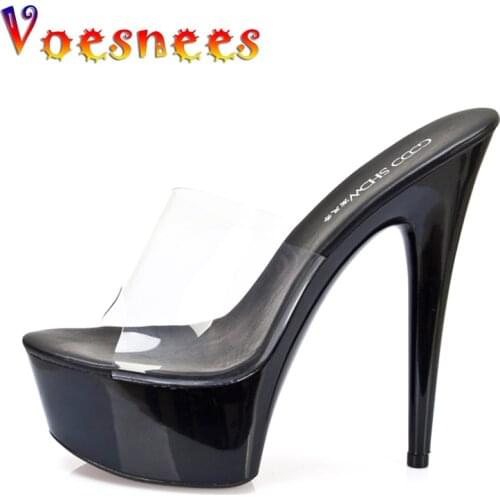 Voesnees Large Size Summer Womens Slippers Outdoor Transparent Womens Sandals 15 cm Thin Heel High-heeled Platform Shoes