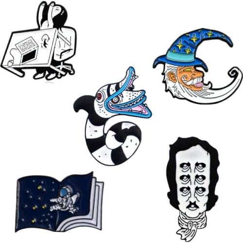 Fashion hot pins black and white sea snake dragon moon old man alien magic book six eyes creative design metal enamel brooch