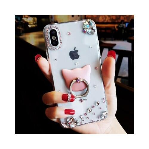 Fashion Diamond Transparent Cat Finger Ring Holder Stand Phone Cases Case For Samsung S10 S9 S8 Plus S7 edge Note 9 8 10 Cover