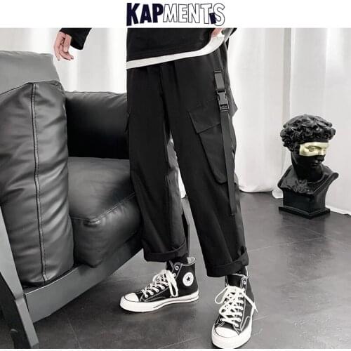 KAPMENTS Men Solid Big Pockets Harajuku Cargo Pants 2021 Mens Baggy Straight Wide Leg Joggers Man Streetwear Vintage Sweat Pants