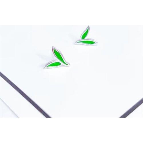 New Korean Style Simple Leaf Fashion Creative 925 Sterling Silver Jewelry Sweet Epoxy Green Two Small Leaves Stud Earrings SE907