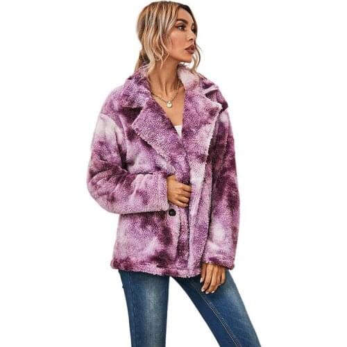 Autumn and Winter Tie Dye Printed Double Plush Long Sleeve Double Breasted Thickened Coat Woman Jacket
