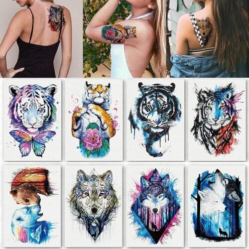 1Pcs Watercolor Wolf Tiger Temporary Tattoos Waterproof Women Fake Kids Children Hand Tattoos Men Body Art