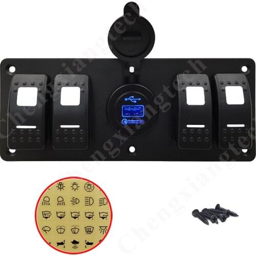 Waterproof Marine Boat Car 5 In 1 Aluminum 4 Gang White Led Rocker Switch Panel + Quick Charge Blue Led USB Socket + Stickers