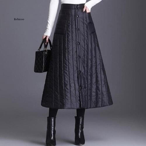 Womens Skirts Thick Warm Duck Down Long Winter Skirts Black High Street Single-Breasted Buttons One-Piece Wrap Skirt Female
