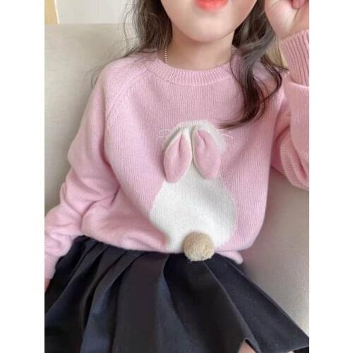 Pre-sale 10.20th Ship Autumn/Winter New Arrives Girls 100% Woollen Sweater Pink Rabbit Design Cute Baby Sweater