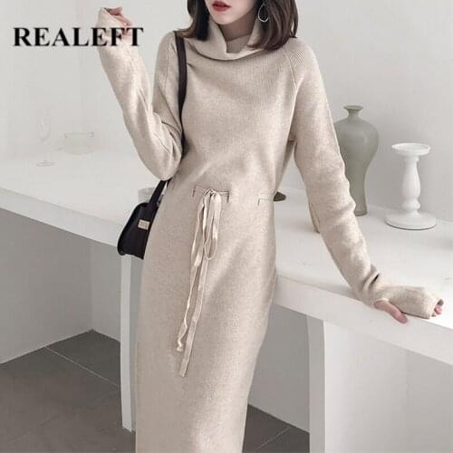 REALEFT Autumn Winter Warm Knitting Womens Straight Dresses 2021 New High Waist Lace Up Long Sleeve Midi Sweater Dress Female