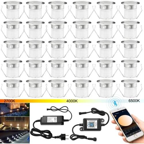 30pcs WW+W+CW CCT Changeable 3in1 30mm 12V Outdoor Yard Path Stairs Patio LED Deck Floor Lights IP67 Bluetooth Controller