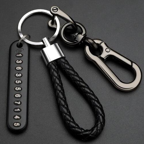 Anti-lost Car Keychain Phone Number Card Keyring Leather Bradied Rope Auto Vehicle Key Chain Holder Accessories Gift for Husband