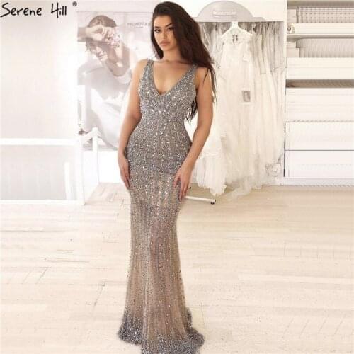Dubai Silver Deep-V Backless Luxury Evening Dresses 2020 Mermaid Sequined Diamond Sexy Formal Gowns Serene Hill LA70228