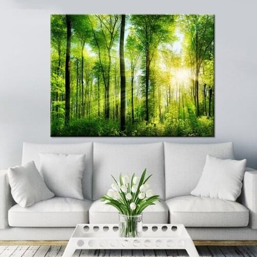 Canvas Hd Print Lush Forest In Sunshine Painting Wall Art Modern Home Decor Tree Nature Landscape Poster Living Room Pictures