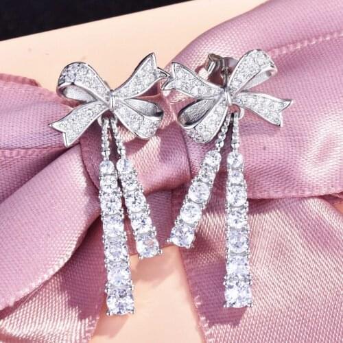 KOFSAC Beautiful Tassel Bow Earrings For Girl 925 Sterling Silver Jewelry Shiny Cute Zircon Stud Earring Women Birthday Present