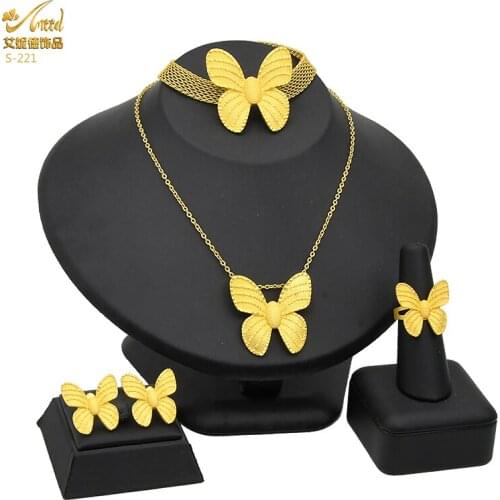 24K Gold Plated African Dubai Jewelry Butterfly Necklace And Earrings Set Copper Bridal Wedding Luxury Nigerian Indian Jewellery