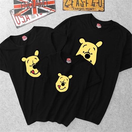 Summer T-shirt Disney Winnie The Pooh Print Parent-child O-neck Black Funny Tee Casual Short Sleeve Baby Tops Streetwear Kawaii