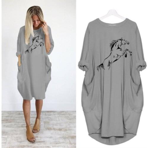 New Running Horse funny Print Autumn Women Dresses Pocket Loose Dress Ladies Crew Neck Casual Long Girl Tops Dress